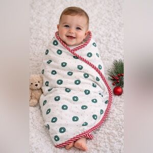 New w tags! Holiday Wreath Swaddle Blanket with Candy Cane Trim